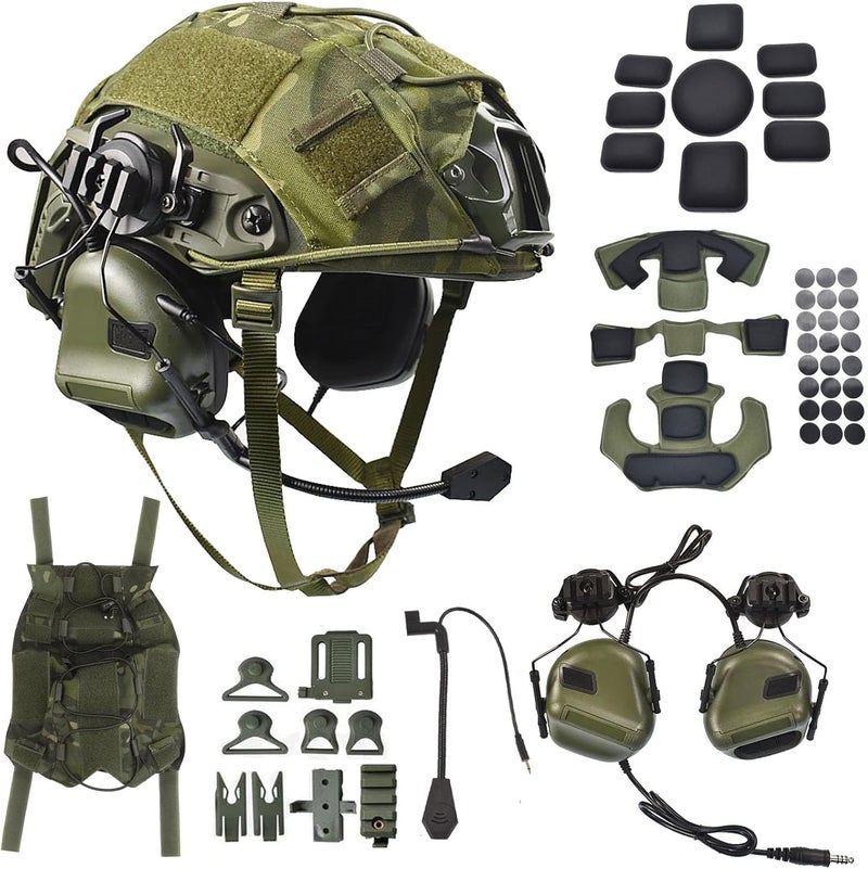 Hdlsina Airsoft Fast Helmet Set Tactical Paintball Helmet with Military Headset and Helmet Cover Memory Foam Protective Pad Adjustable Size for Adult and Teenager - Image 1